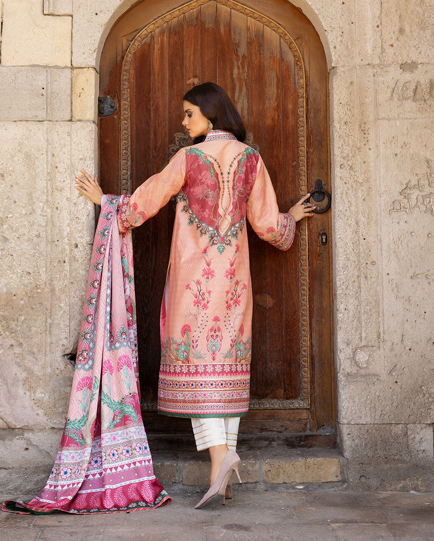 Women Wearing Pulsar Petal Rosey Coral Long Shirt for Festive Events - Pakistani Designer Wear for Women in UK | Kifat