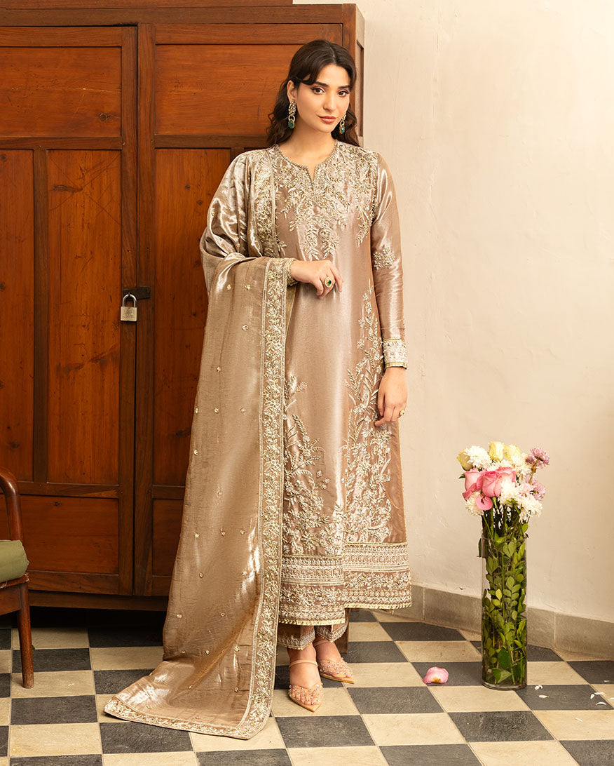 Women Wearing Uswah Dark Beige Long Shirt for Formal Events - Pakistani Designer Wear for Women in UK | Kifat