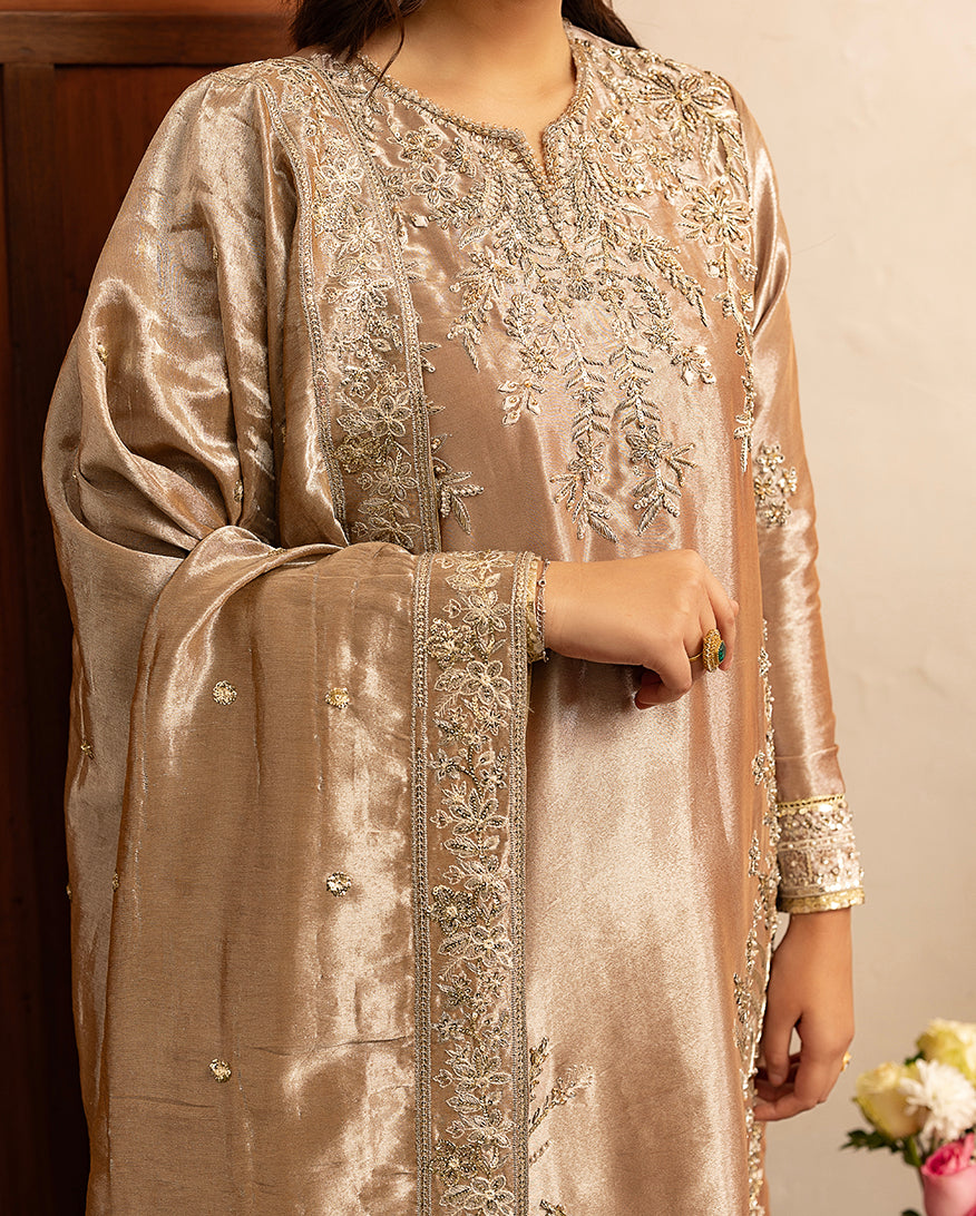Women Wearing Uswah Dark Beige Long Shirt for Formal Events - Pakistani Designer Wear for Women in UK | Kifat