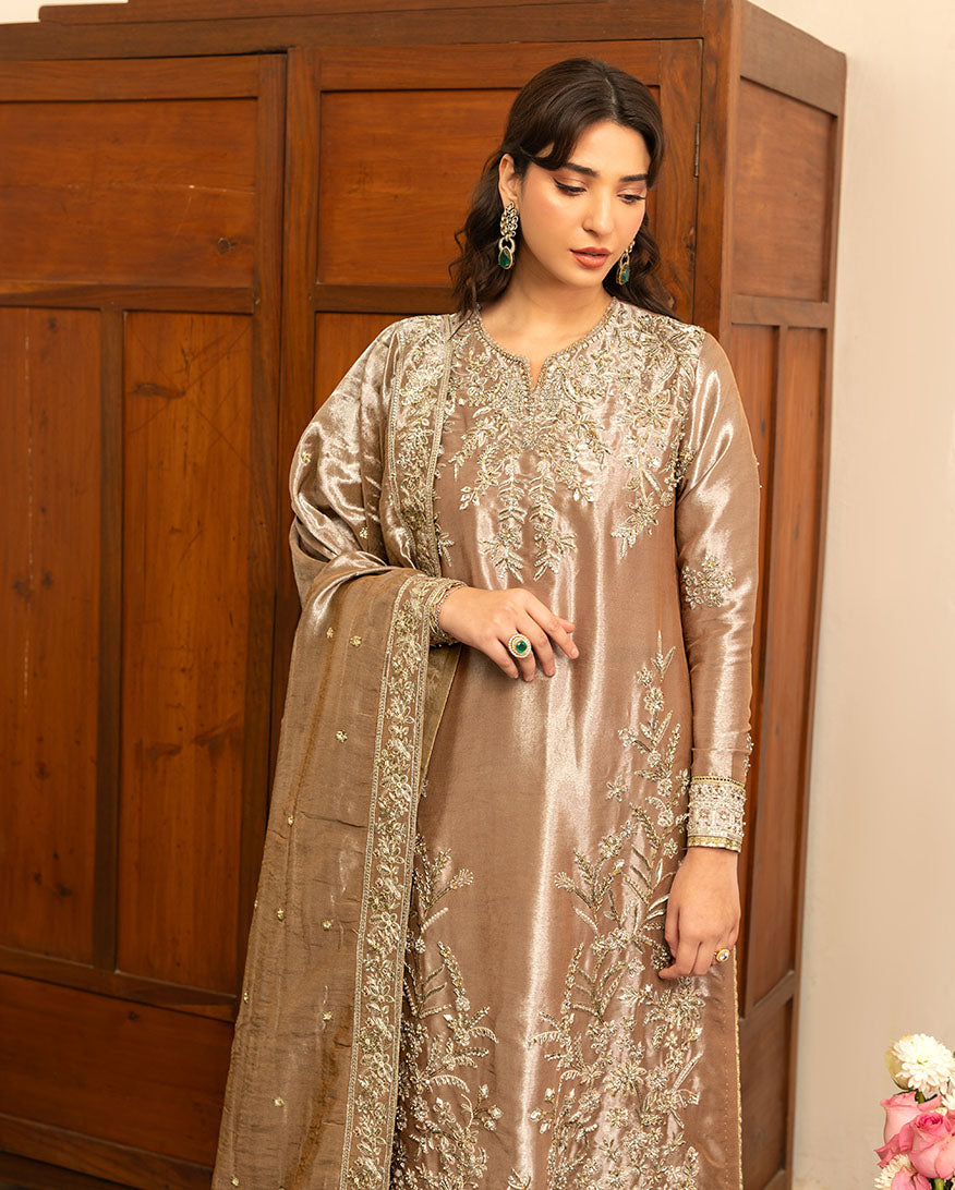 Women Wearing Uswah Dark Beige Long Shirt for Formal Events - Pakistani Designer Wear for Women in UK | Kifat