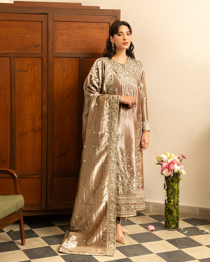 Women Wearing Uswah Dark Beige Long Shirt for Formal Events - Pakistani Designer Wear for Women in UK | Kifat