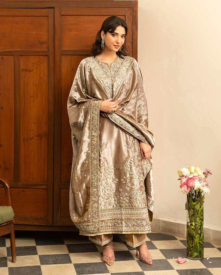 Women Wearing Uswah Dark Beige Long Shirt for Formal Events - Pakistani Designer Wear for Women in UK | Kifat