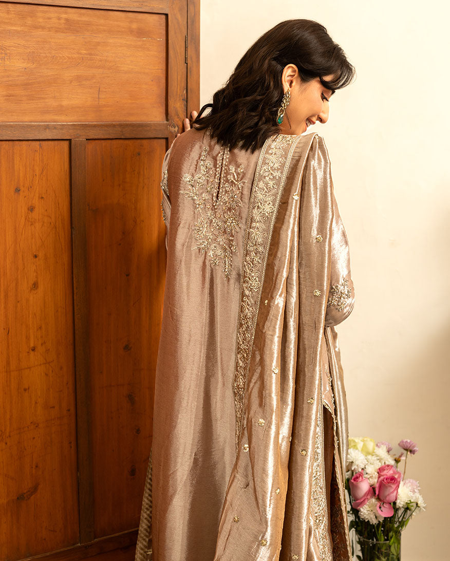 Women Wearing Uswah Dark Beige Long Shirt for Formal Events - Pakistani Designer Wear for Women in UK | Kifat