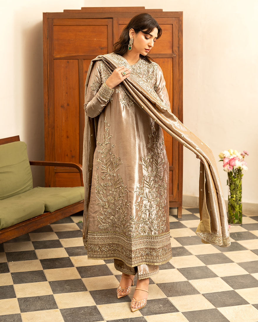Women Wearing Uswah Dark Beige Long Shirt for Formal Events - Pakistani Designer Wear for Women in UK | Kifat