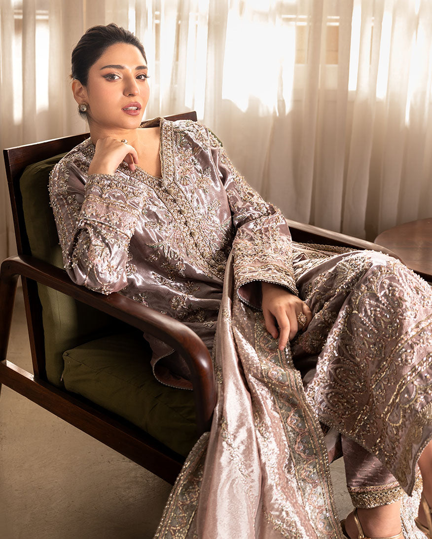 Women Wearing Hamna Tea Pink Long Shirt for Formal Events - Pakistani Designer Wear for Women in UK | Kifat