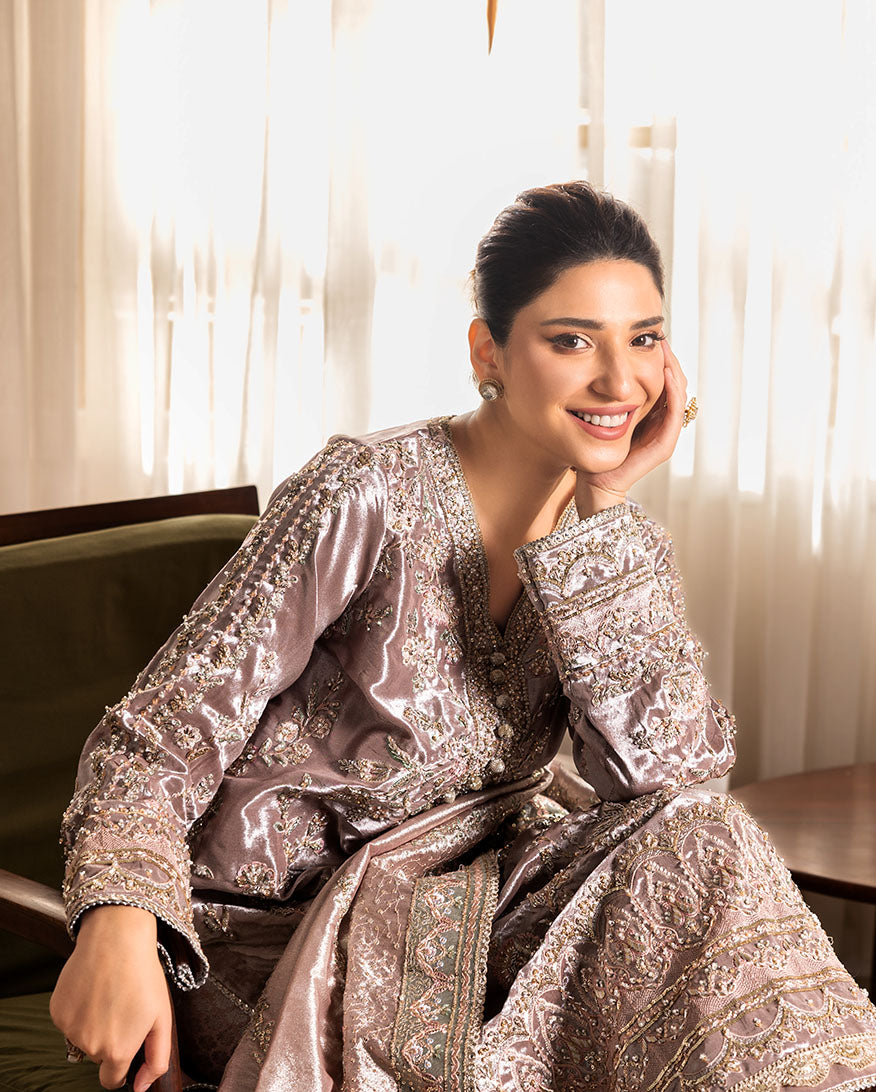 Women Wearing Hamna Tea Pink Long Shirt for Formal Events - Pakistani Designer Wear for Women in UK | Kifat