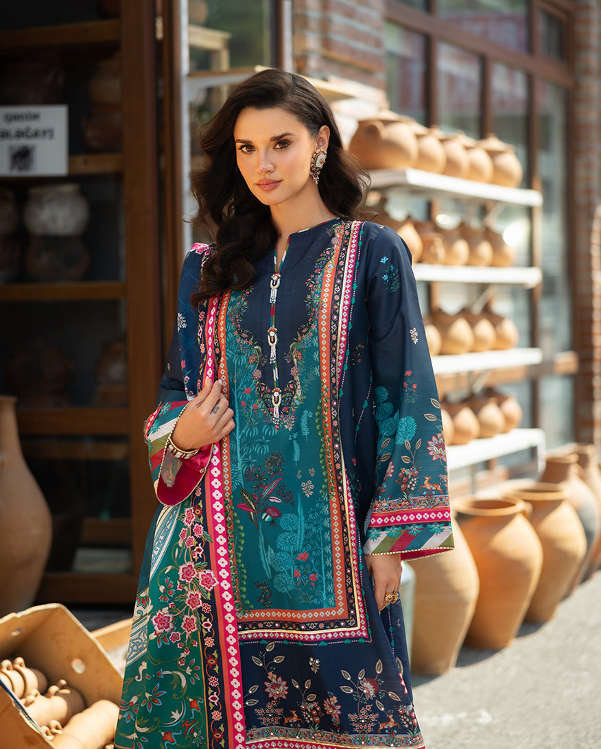 Women Wearing Nova Bloom Royal Blue Long Shirt for Festive Events - Pakistani Designer Wear for Women in UK | Kifat