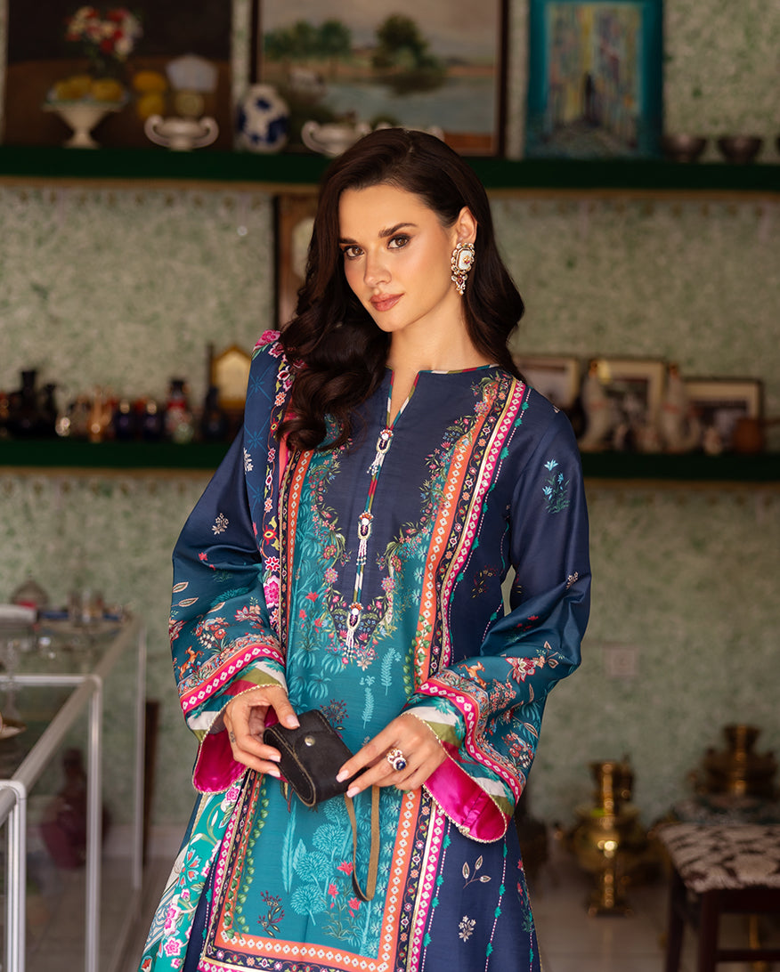 Women Wearing Nova Bloom Royal Blue Long Shirt for Festive Events - Pakistani Designer Wear for Women in UK | Kifat