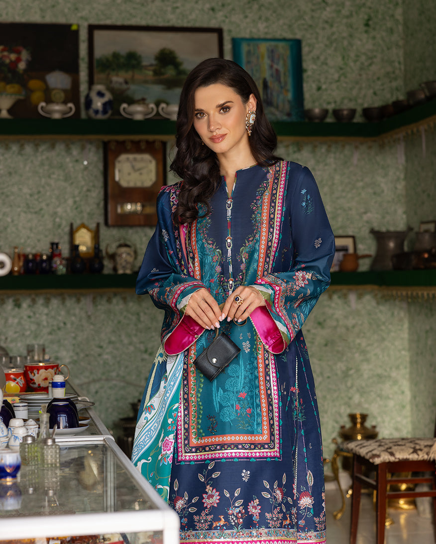 Women Wearing Nova Bloom Royal Blue Long Shirt for Festive Events - Pakistani Designer Wear for Women in UK | Kifat