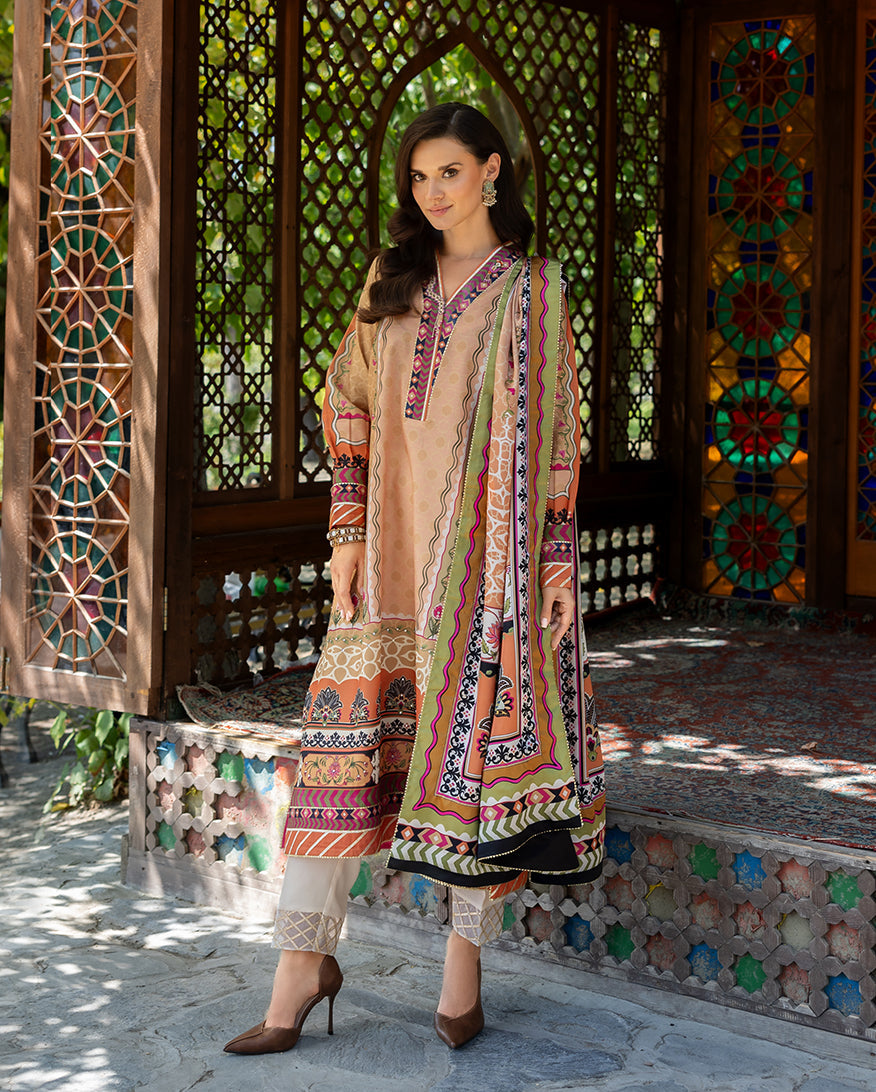 Women Wearing Solara Crest Light Coral Long Shirt for Festive Events - Pakistani Designer Wear for Women in UK | Kifat