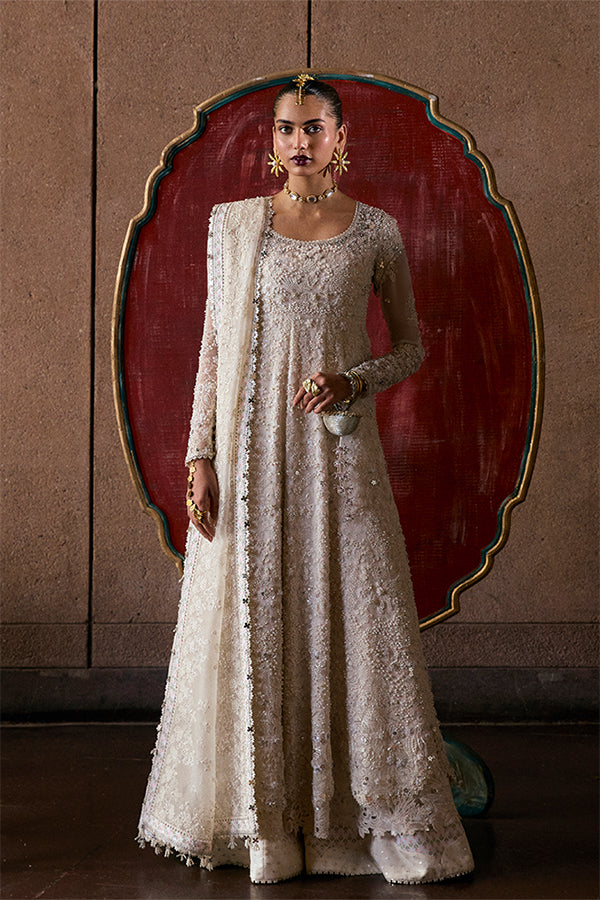 Model Wearing Suffuse by Sana Yasir Zahrell White Pishwas with Sharara Pants for Wedding Wear - Pakistani Designer wear for Women in UK | Kifat