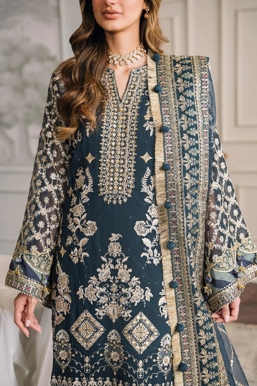 Baroque CH12-01 Teal Blue Long Shirt,Short Shirt for Formal Events - Pakistani Designer Wear for Women in UK | Kifat