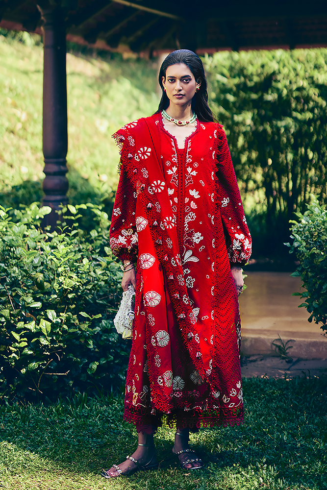 Model Wearing Suffuse by Sana Yasir CRIMSAL Coral Red front-open shirt with pants for Casual Dress- Pakistani Designer wear for Women in UK | Kifat