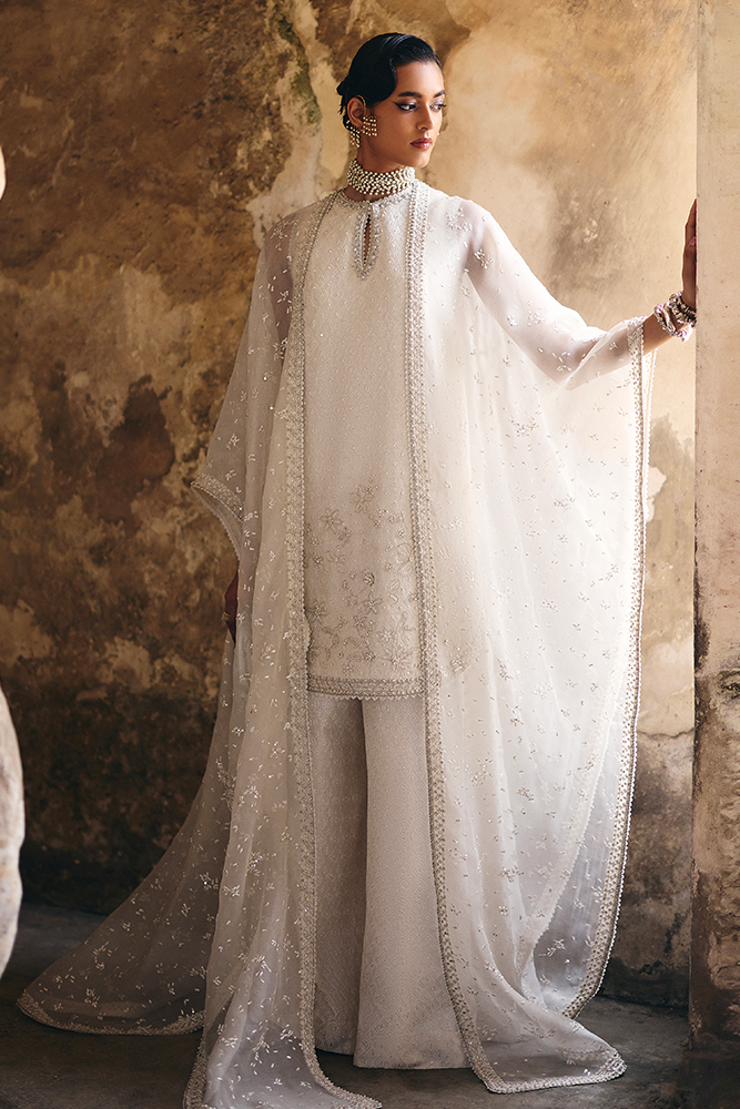 Model Wearing Suffuse by Sana Yasir ELUNA Ethereal White Shirt with wide azaar pants for Formal Events- Pakistani Designer wear for Women in UK | Kifat
