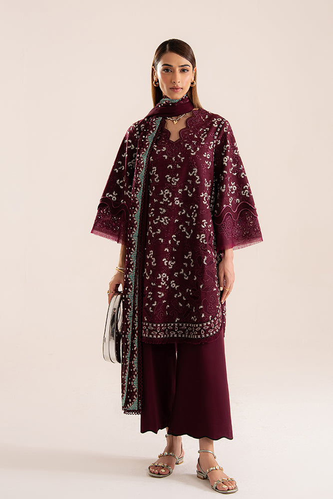 Model Wearing Suffuse by Sana Yasir OMYA Wine Short Shirt with culottes for Casual Dress- Pakistani Designer wear for Women in UK | Kifat