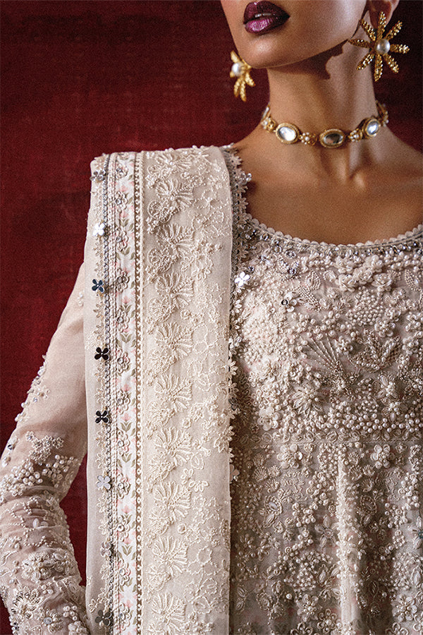 Model Wearing Suffuse by Sana Yasir Zahrell White Pishwas with Sharara Pants for Wedding Wear - Pakistani Designer wear for Women in UK | Kifat