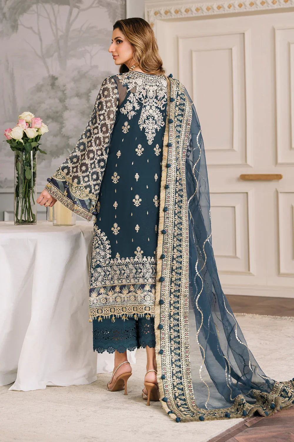 Baroque CH12-01 Teal Blue Long Shirt,Short Shirt for Formal Events - Pakistani Designer Wear for Women in UK | Kifat