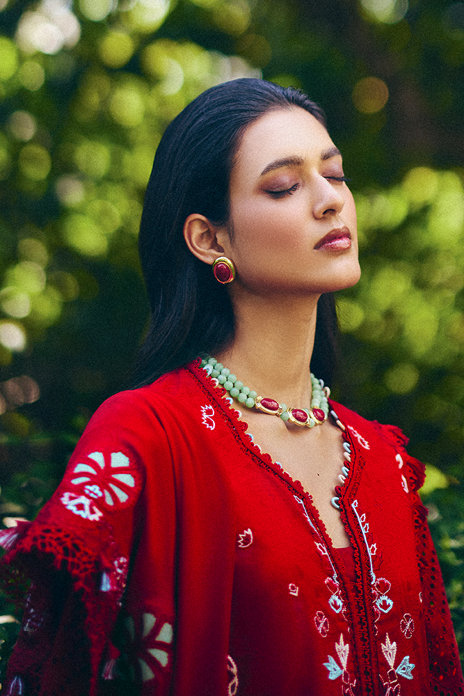 Model Wearing Suffuse by Sana Yasir CRIMSAL Coral Red front-open shirt with pants for Casual Dress- Pakistani Designer wear for Women in UK | Kifat