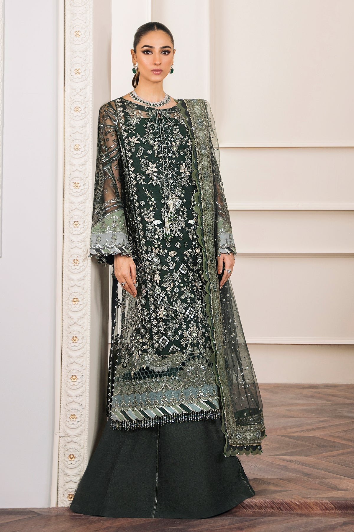 Baroque CH12-05 Green Long Shirt with Sharara,Slit Shirt with Crushed Sharara for Formal Events - Pakistani Designer Wear for Women in UK | Kifat