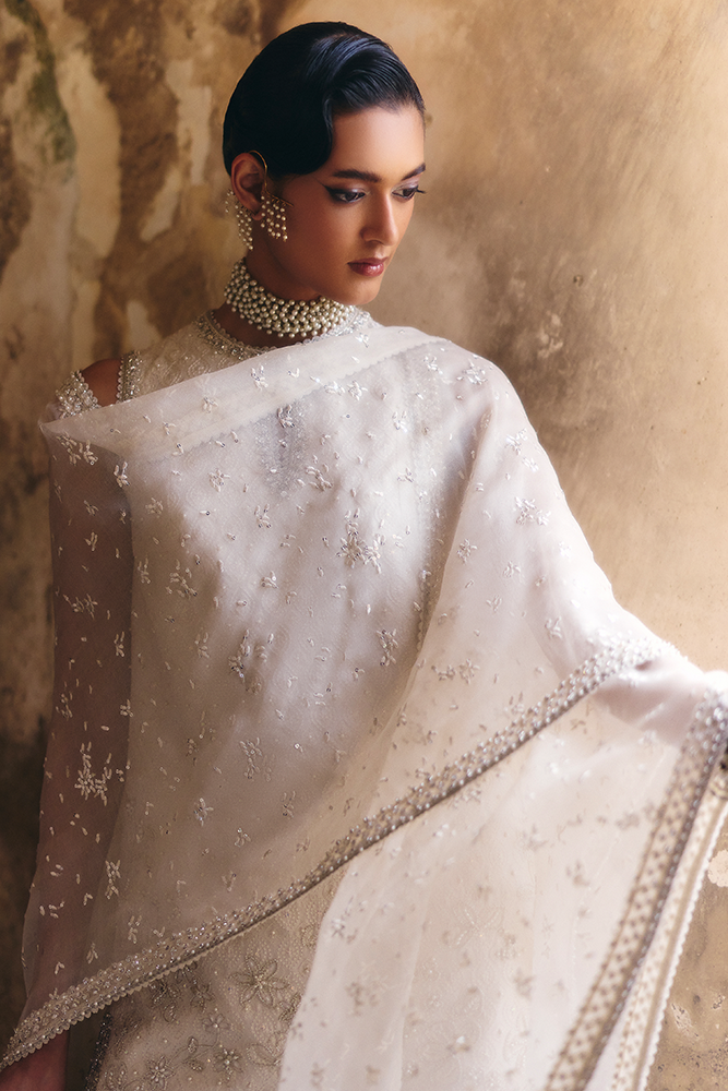 Model Wearing Suffuse by Sana Yasir ELUNA Ethereal White Shirt with wide azaar pants for Formal Events- Pakistani Designer wear for Women in UK | Kifat