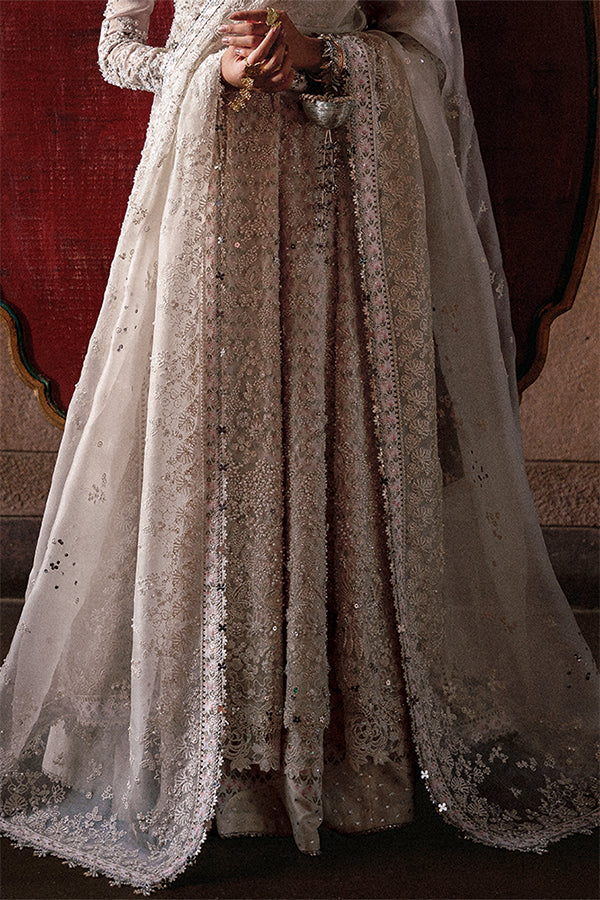 Model Wearing Suffuse by Sana Yasir Zahrell White Pishwas with Sharara Pants for Wedding Wear - Pakistani Designer wear for Women in UK | Kifat