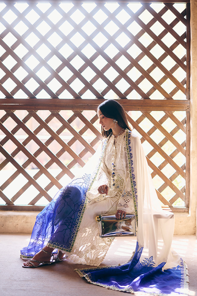 Women Wearing ZEHRA Ivory Long Shirt with Culottes for Festive Events - Pakistani Designer Wear for Women in UK | Kifat