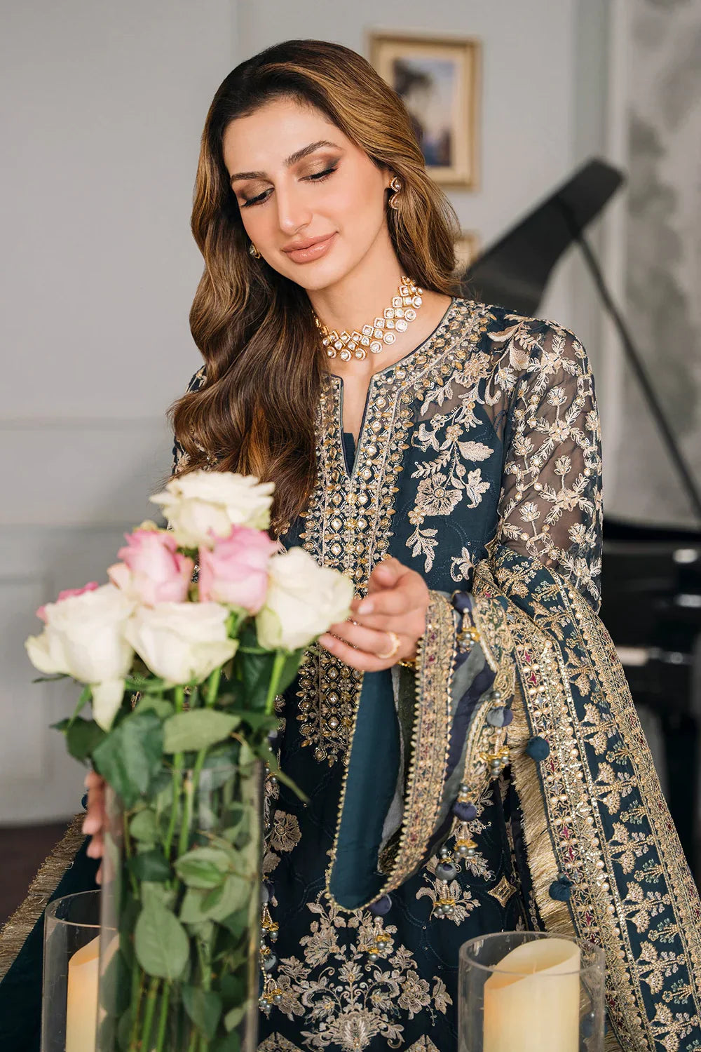 Baroque CH12-01 Teal Blue Long Shirt,Short Shirt for Formal Events - Pakistani Designer Wear for Women in UK | Kifat