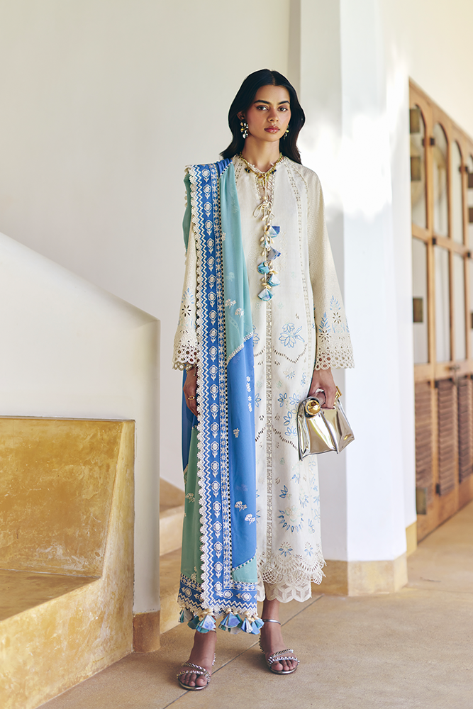 Model Wearing Suffuse by Sana Yasir DANAE Beige White A-line shirt with culottes for Casual Dress- Pakistani Designer wear for Women in UK | Kifat
