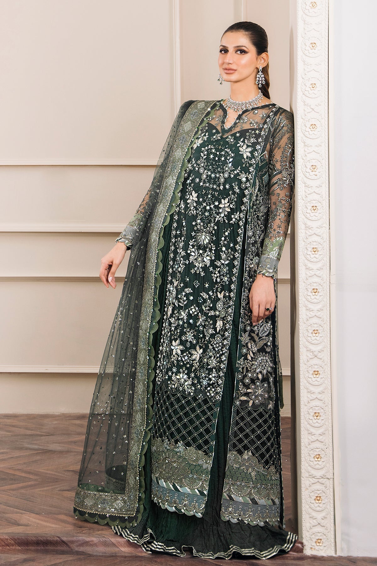 Baroque CH12-05 Green Long Shirt with Sharara,Slit Shirt with Crushed Sharara for Formal Events - Pakistani Designer Wear for Women in UK | Kifat