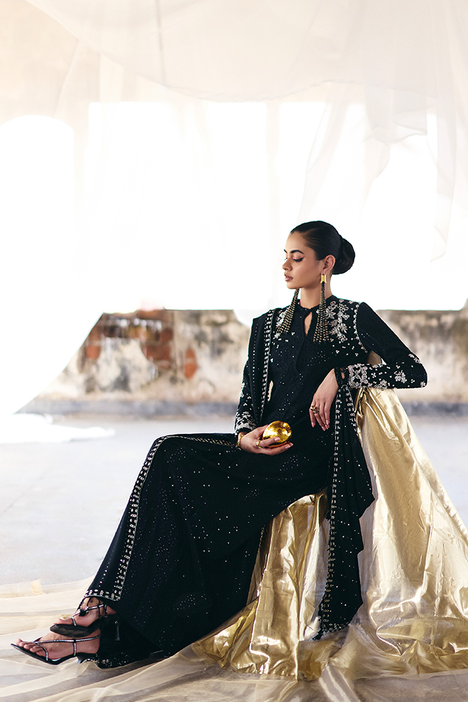 Model Wearing Suffuse by Sana Yasir VIVORA Midnight Black A-line shirt with Cigarette pants for Formal Events- Pakistani Designer wear for Women in UK | Kifat