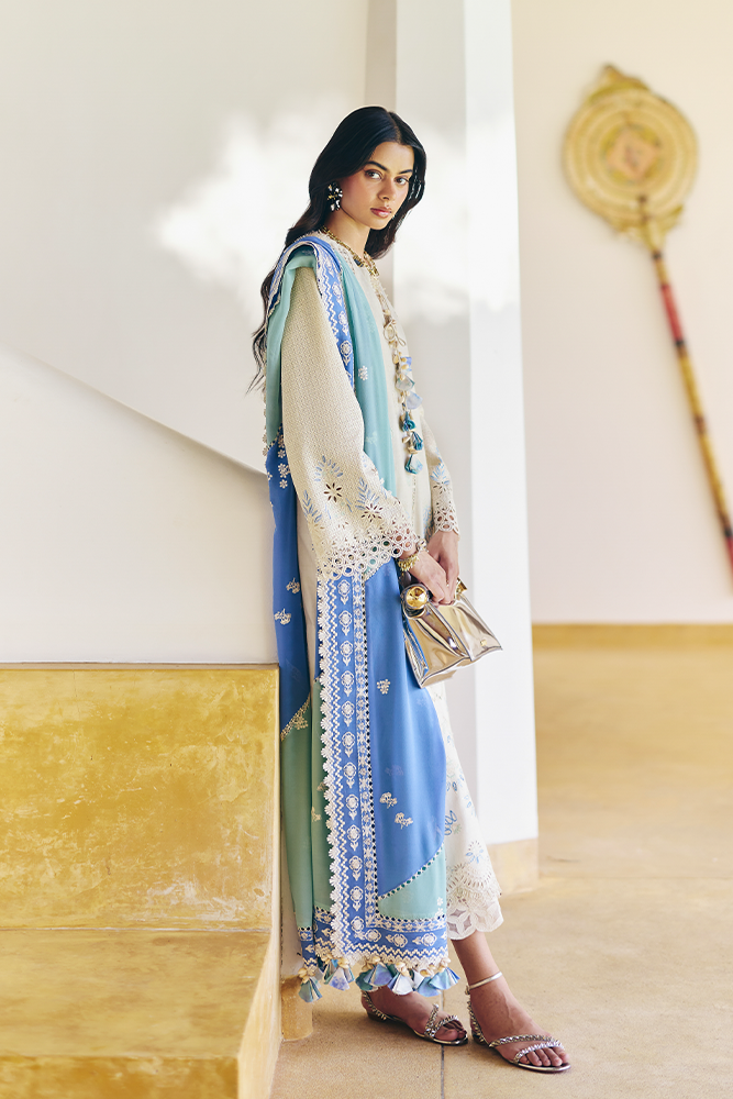 Model Wearing Suffuse by Sana Yasir DANAE Beige White A-line shirt with culottes for Casual Dress- Pakistani Designer wear for Women in UK | Kifat