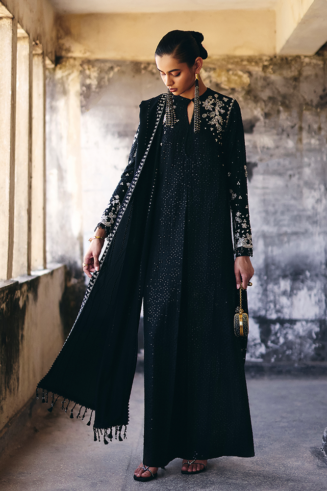 Model Wearing Suffuse by Sana Yasir VIVORA Midnight Black A-line shirt with Cigarette pants for Formal Events- Pakistani Designer wear for Women in UK | Kifat