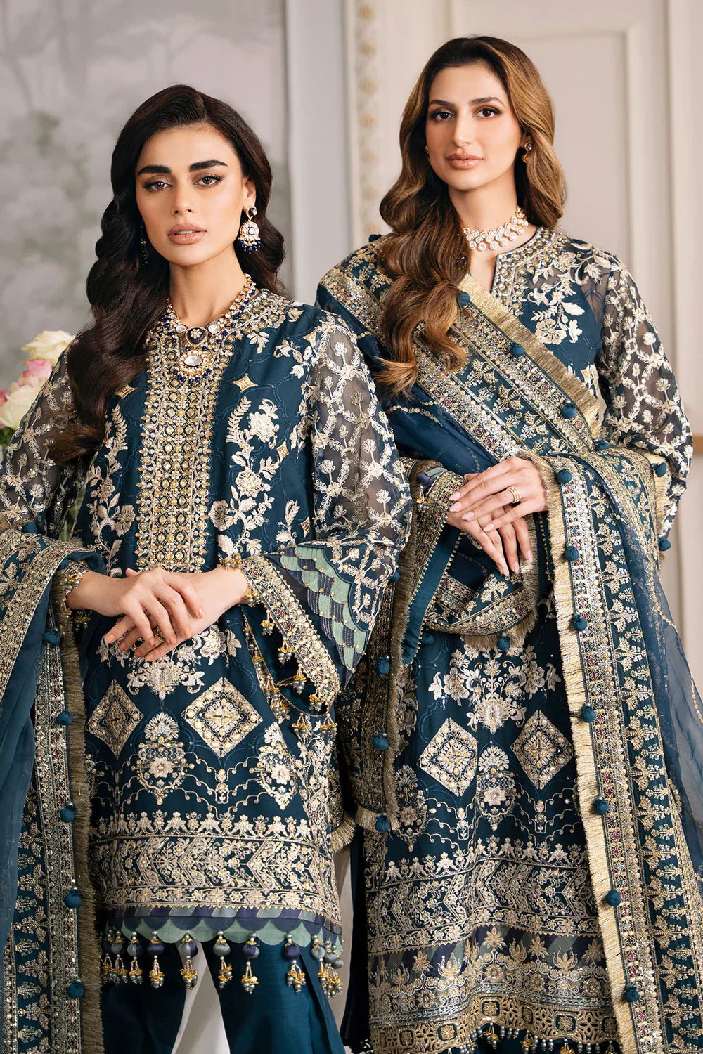 Baroque CH12-01 Teal Blue Long Shirt,Short Shirt for Formal Events - Pakistani Designer Wear for Women in UK | Kifat
