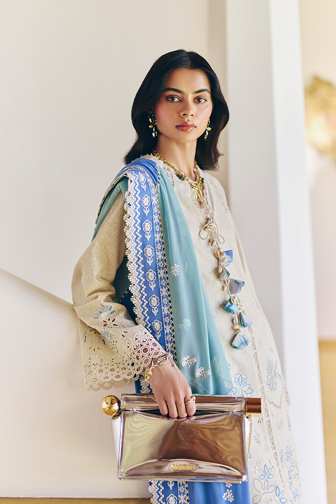 Model Wearing Suffuse by Sana Yasir DANAE Beige White A-line shirt with culottes for Casual Dress- Pakistani Designer wear for Women in UK | Kifat