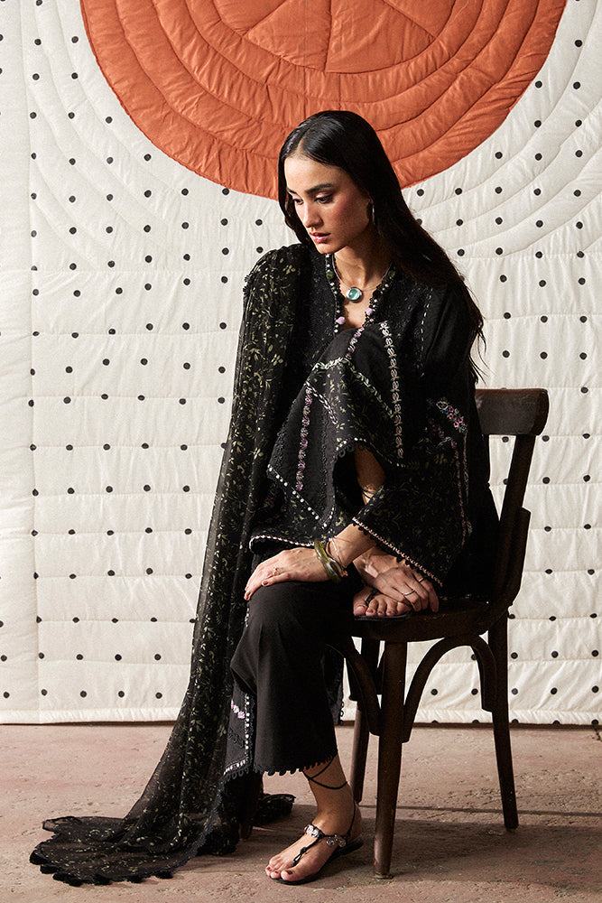 Model Wearing Suffuse by Sana Yasir SAZIL Black front-open kurta with culottes for Casual Dress- Pakistani Designer wear for Women in UK | Kifat