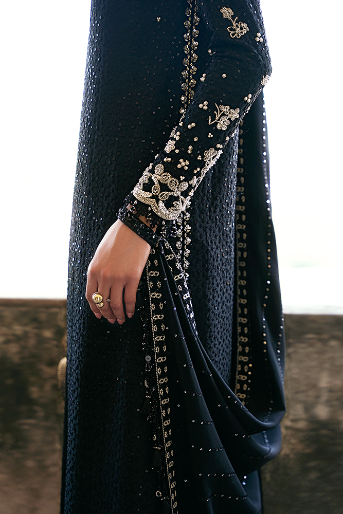 Model Wearing Suffuse by Sana Yasir VIVORA Midnight Black A-line shirt with Cigarette pants for Formal Events- Pakistani Designer wear for Women in UK | Kifat