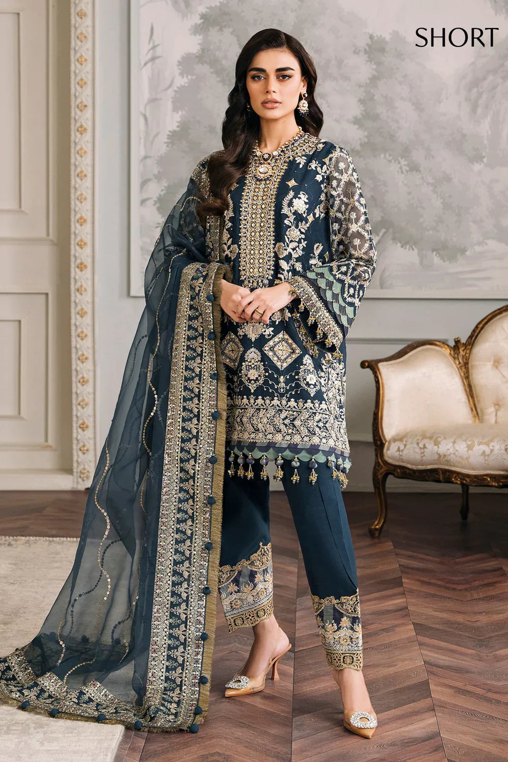 Baroque CH12-01 Teal Blue Long Shirt,Short Shirt for Formal Events - Pakistani Designer Wear for Women in UK | Kifat