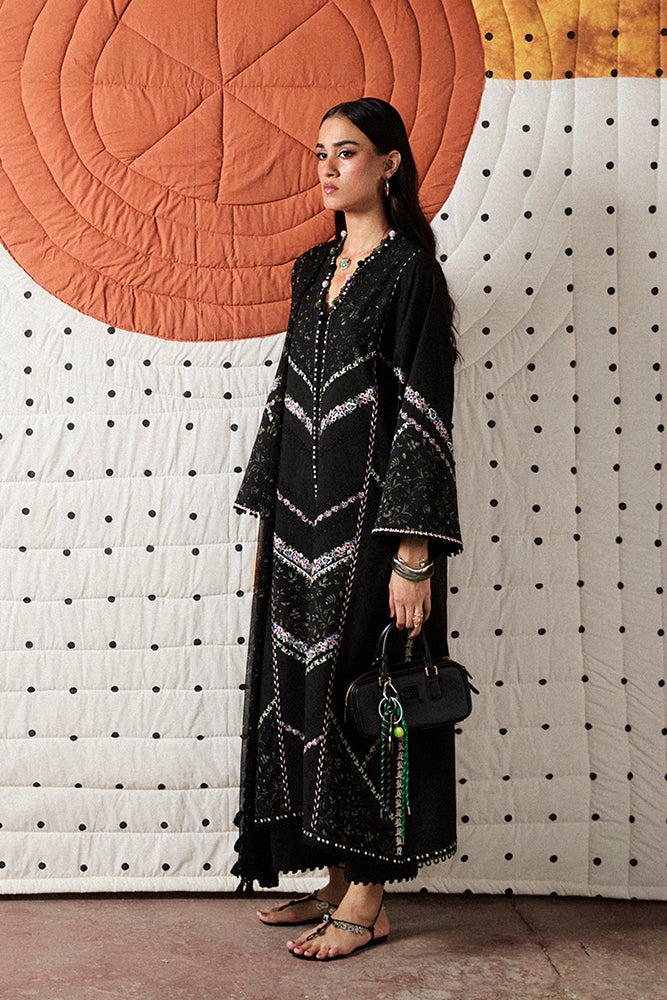 Model Wearing Suffuse by Sana Yasir SAZIL Black front-open kurta with culottes for Casual Dress- Pakistani Designer wear for Women in UK | Kifat