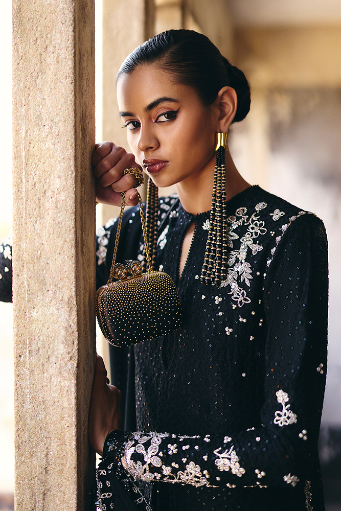 Model Wearing Suffuse by Sana Yasir VIVORA Midnight Black A-line shirt with Cigarette pants for Formal Events- Pakistani Designer wear for Women in UK | Kifat