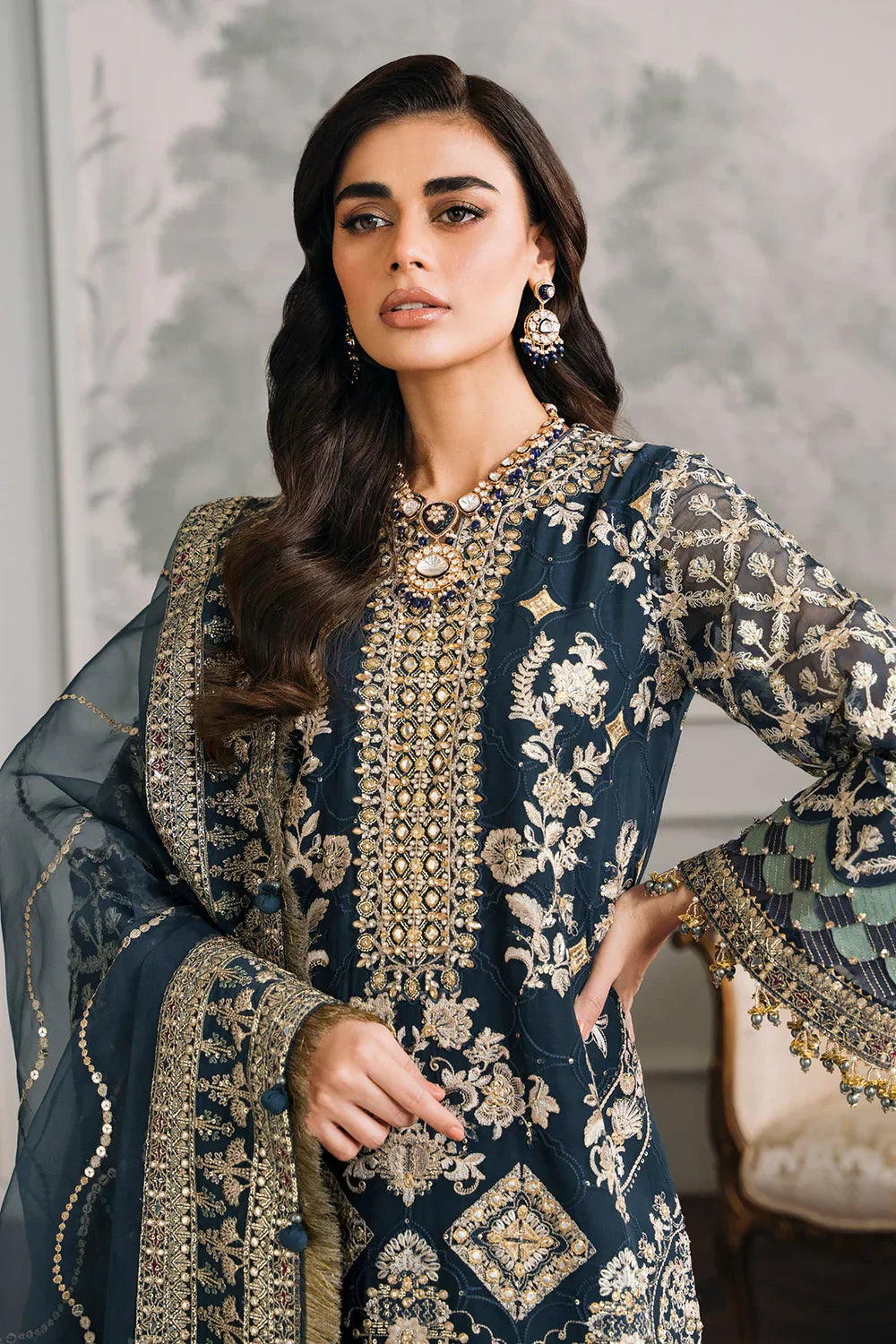 Baroque CH12-01 Teal Blue Long Shirt,Short Shirt for Formal Events - Pakistani Designer Wear for Women in UK | Kifat