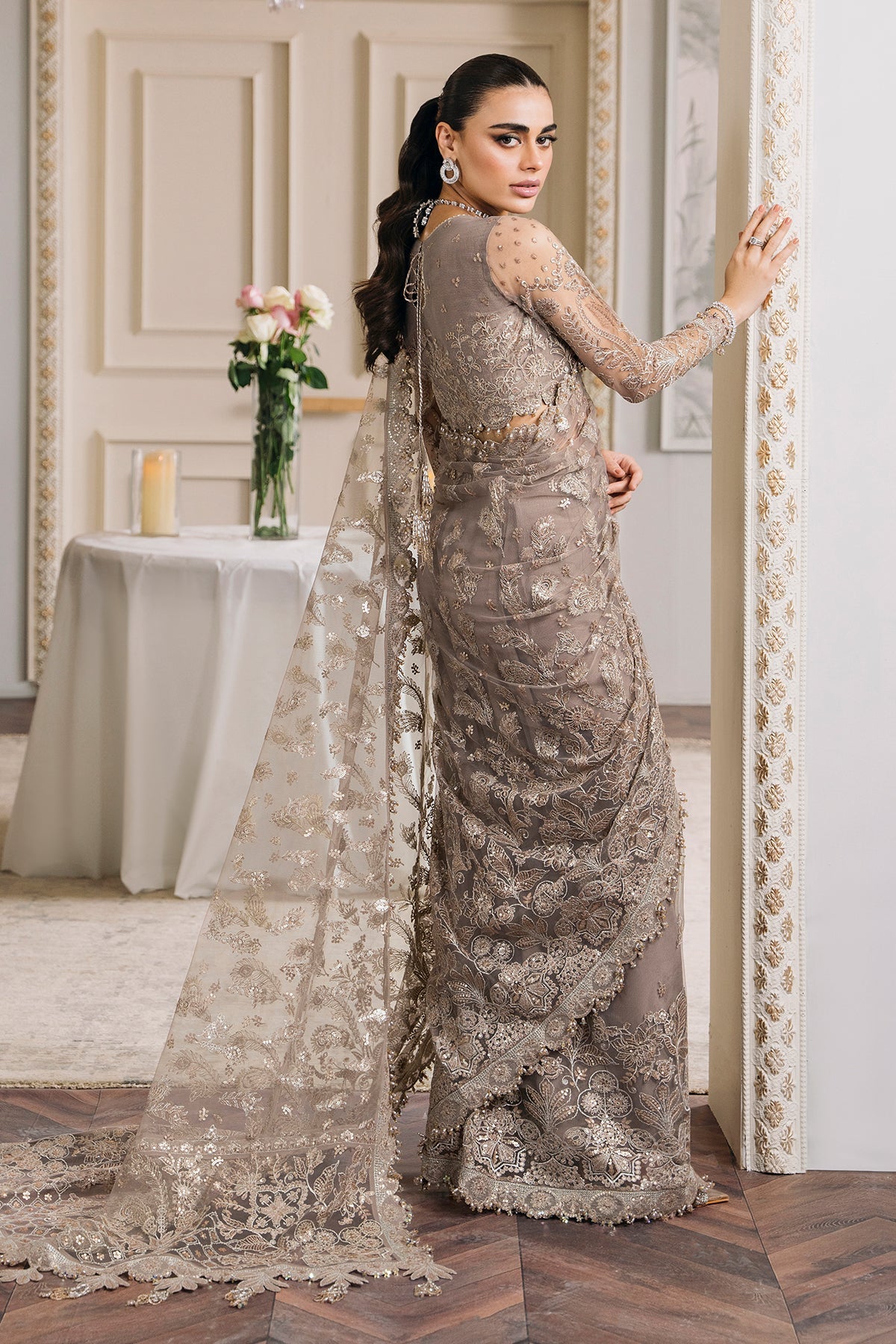Baroque CH12-06 Beige Slit Maxi,Saree for Formal Events - Pakistani Designer Wear for Women in UK | Kifat