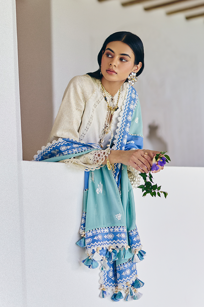 Model Wearing Suffuse by Sana Yasir DANAE Beige White A-line shirt with culottes for Casual Dress- Pakistani Designer wear for Women in UK | Kifat