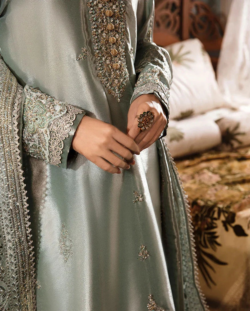 Women Wearing Heer Sea Green Silver Long Shirt for Formal Events - Pakistani Designer Wear for Women in UK | Kifat