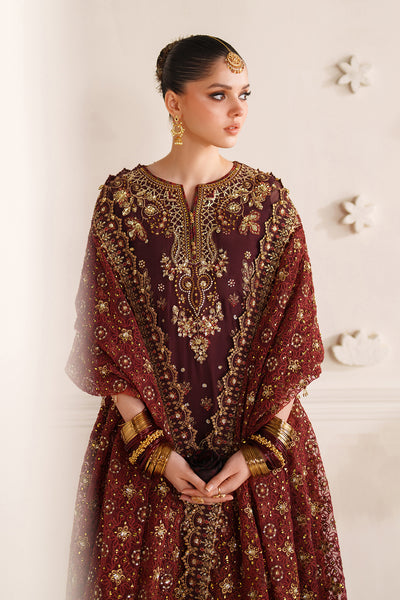 Baroque CH14-07 Dark Maroon Sleek Long Shirt with Culotte Trouser,Mid-Calf Length Shirt with Sharara for Formal Events - Pakistani Designer Wear for Women in UK | Kifat
