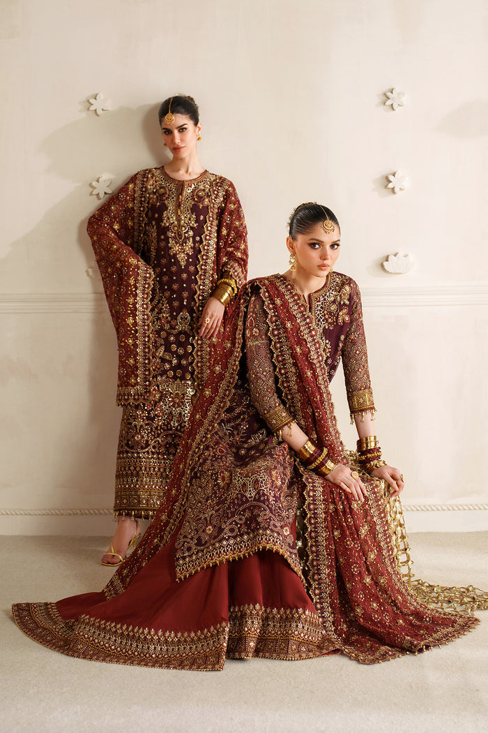 Baroque CH14-07 Dark Maroon Sleek Long Shirt with Culotte Trouser,Mid-Calf Length Shirt with Sharara for Formal Events - Pakistani Designer Wear for Women in UK | Kifat