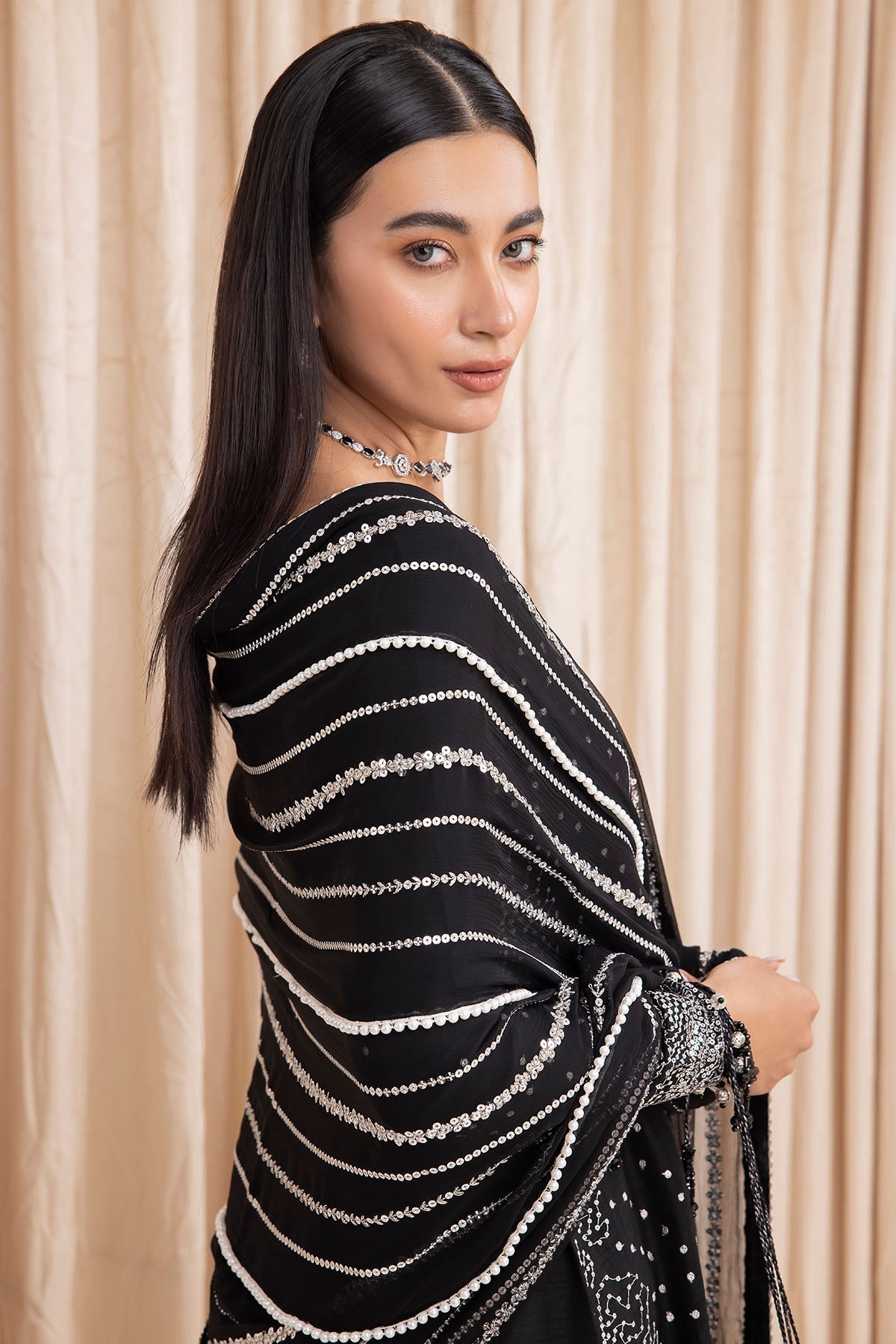 Women Wearing Embroidered Raw Silk UR-7001 Black Long Shirt for Wedding Events - Pakistani Designer Wear for Women in UK | Kifat