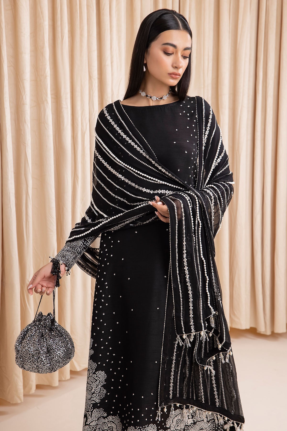 Women Wearing Embroidered Raw Silk UR-7001 Black Long Shirt for Wedding Events - Pakistani Designer Wear for Women in UK | Kifat