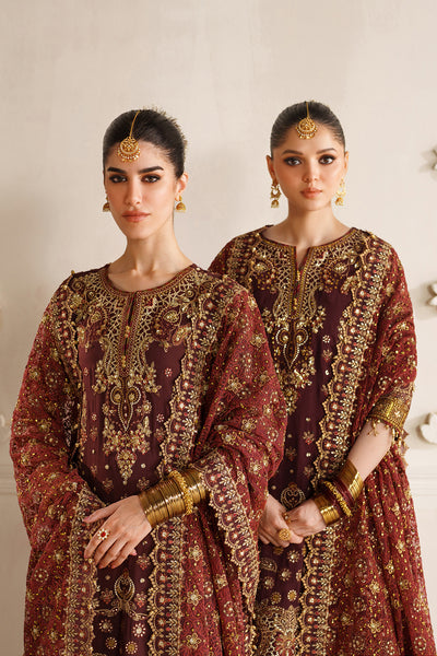 Baroque CH14-07 Dark Maroon Sleek Long Shirt with Culotte Trouser,Mid-Calf Length Shirt with Sharara for Formal Events - Pakistani Designer Wear for Women in UK | Kifat