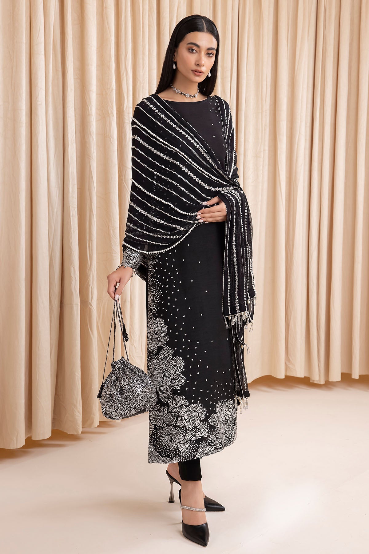 Women Wearing Embroidered Raw Silk UR-7001 Black Long Shirt for Wedding Events - Pakistani Designer Wear for Women in UK | Kifat