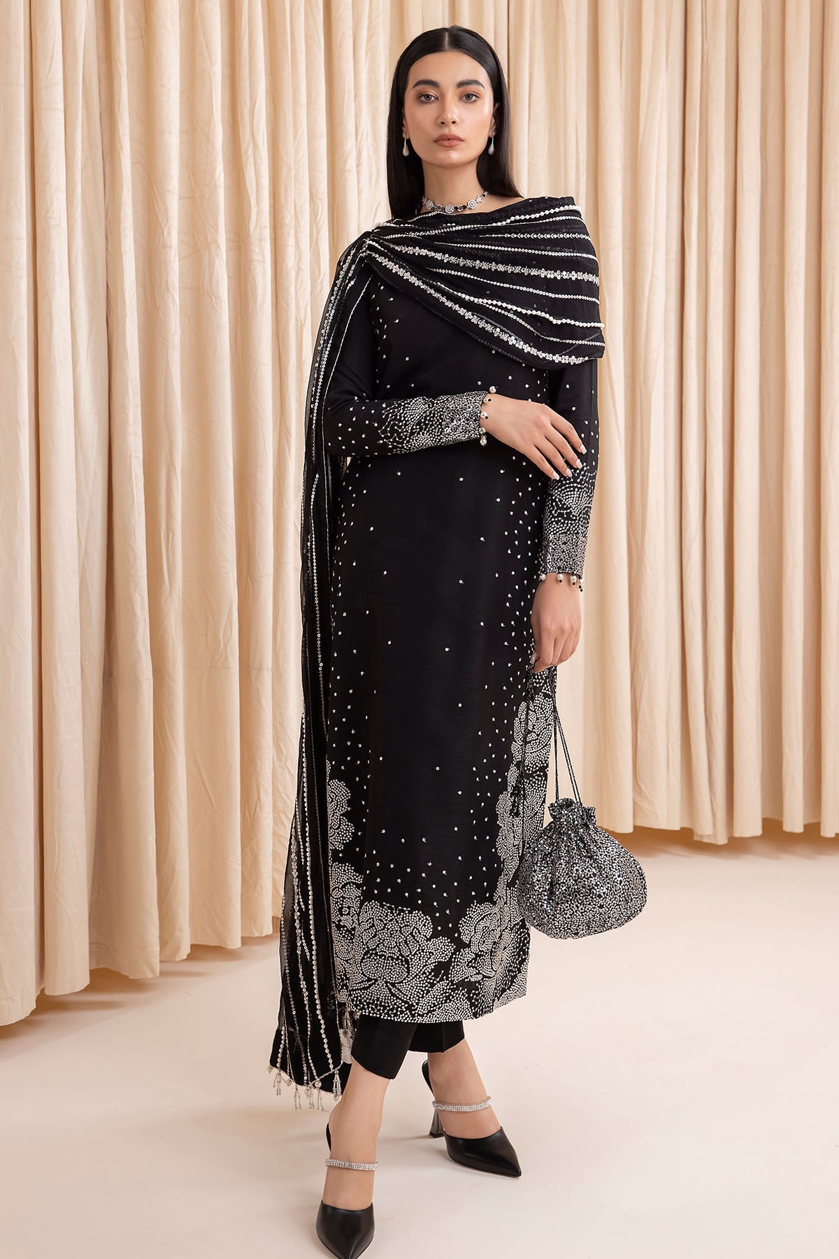 Women Wearing Embroidered Raw Silk UR-7001 Black Long Shirt for Wedding Events - Pakistani Designer Wear for Women in UK | Kifat